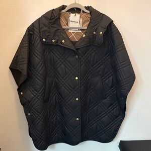 Barbour Black Quilted Hooded Cape with Gold-Tone Snaps